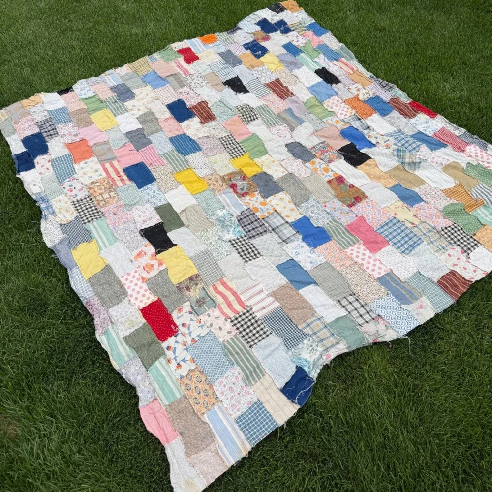 Vintage Handmade Patchwork Quilt Scrap Fabric Multi Color Boho Folk Art 75x68